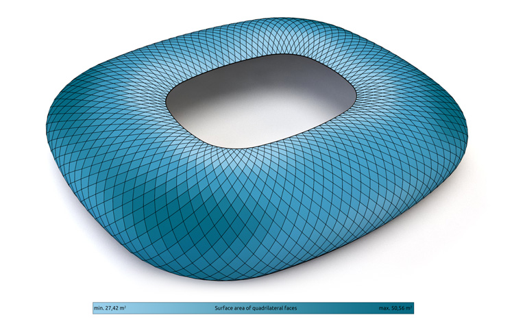 Area analysis of parametric stadium facade. The area of the quad faces are analysed and displayed in shades of blue.